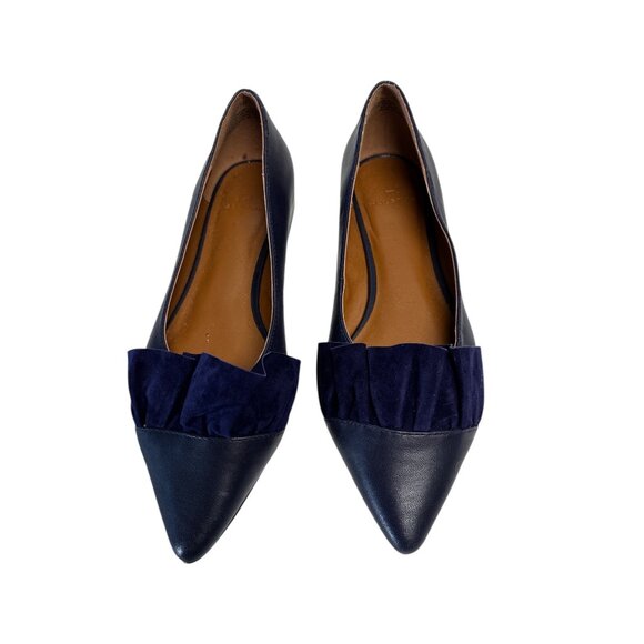 Halston Womens Navy Blue Leather Flats With Suede Ruffle Accent Pointed Toe Size - Picture 1 of 10
